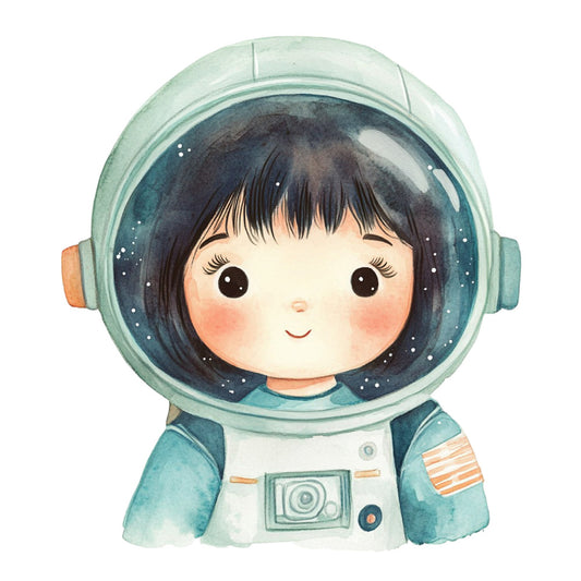 astronaut, space, sage green, teal, cream, white, peach, whimsical, cute, children, girl, helmet, stars, celestial, modern, kawaii, nursery, baby, wall art, decorative, dreamy, character, illustration, woodland, gentle, soft colors, cosmic