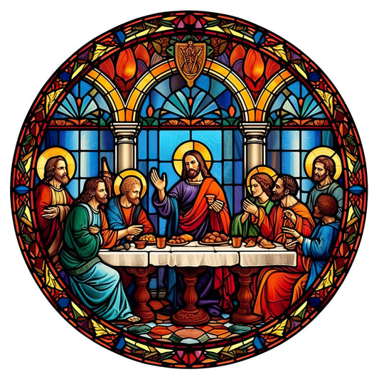stained glass, religious, christian, last supper, jesus, apostles, byzantine, traditional, elegant, spiritual, gold, deep blue, rich red, orange, purple, turquoise, ornate, architectural, arched windows, decorative border, floral border, vintage religious, ecclesiastical, reverent, faith-inspired, devotional, church window, multi-colored, jewel tones, sacred art
