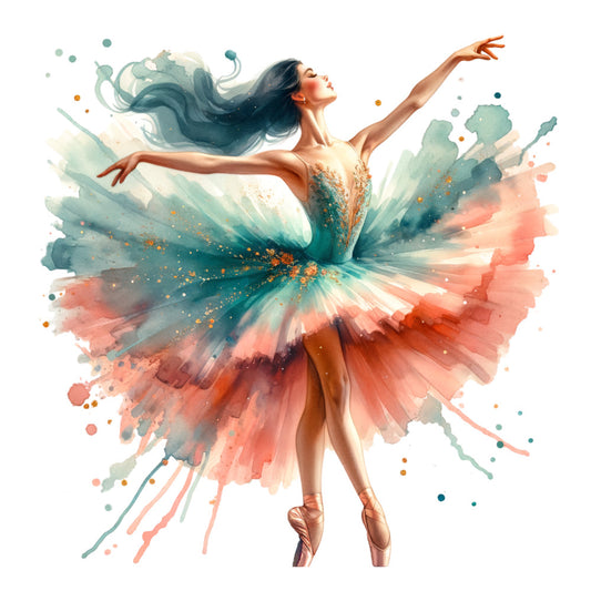 ballet dancer, watercolor style, teal blue, coral pink, sage green, golden accents, flowing tutu, pointe shoes, graceful pose, artistic splashes, dance theme, fabric panel, cotton quilting, feminine design, movement art, pastel colors, studio art, performance dancer, elegant ballerina, watercolor painting