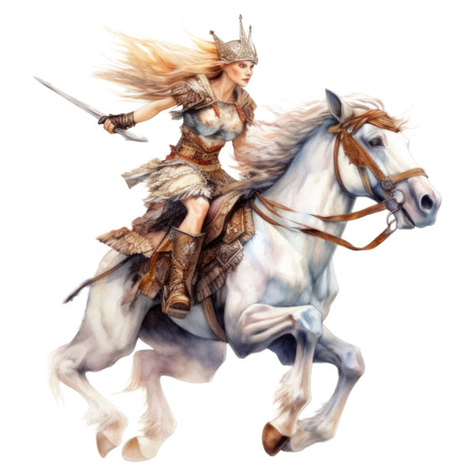 warrior woman, fantasy, medieval, crown, sword, horse, white horse, cream, tan, bronze, gold, rust, earthy tones, armor, action, adventure, legendary, mythical, equestrian, noble, regal, elegant, historical, fantasy art, whimsical, dramatic, heroic, fantasy character, mounted warrior