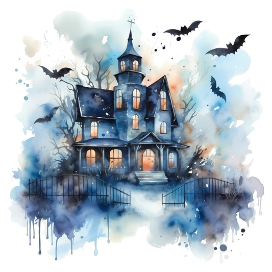 navy blue, light blue, slate blue, dusty blue, cream, white, orange, watercolor, haunted house, spooky, halloween, bats, bare trees, dead trees, gothic, eerie, misty, foggy, dark fantasy, horror, autumn, fall, celestial, whimsical, vintage, mysterious, moody, dramatic, atmospheric, house with tower