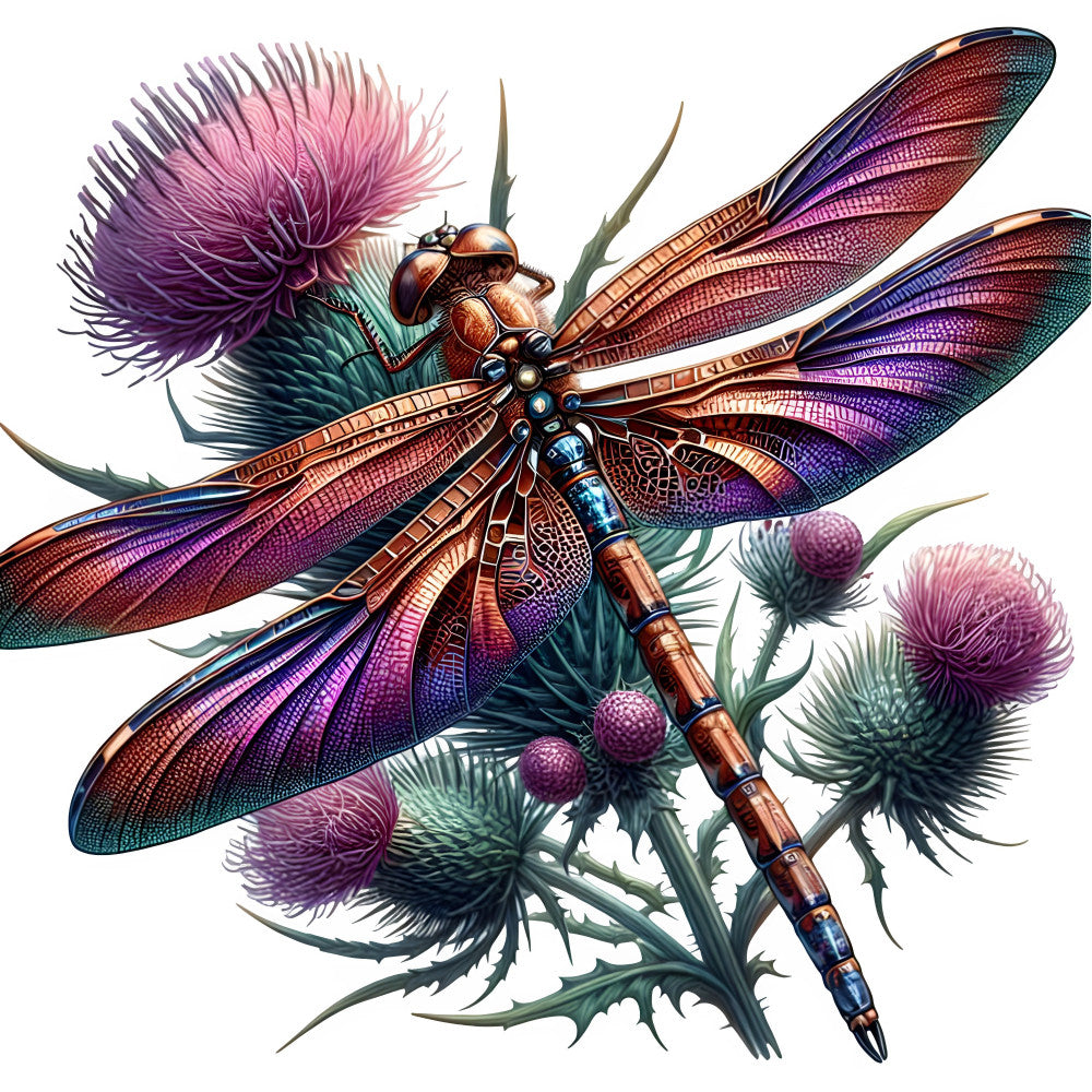 dragonfly, iridescent wings, purple flowers, thistle, bronze copper, jewel tones, teal green, magenta, violet, nature, botanical, insects, whimsical, elegant, fantasy, detailed illustration, spring, summer, wall hanging, decorative panel, art print, metallic accents, spiky flowers, garden, wildlife, celestial inspired, bohemian, artistic, colorful, realistic