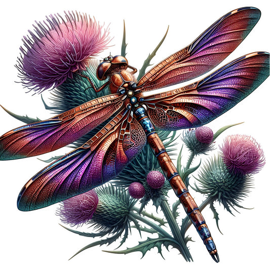 dragonfly, iridescent wings, purple flowers, thistle, bronze copper, jewel tones, teal green, magenta, violet, nature, botanical, insects, whimsical, elegant, fantasy, detailed illustration, spring, summer, wall hanging, decorative panel, art print, metallic accents, spiky flowers, garden, wildlife, celestial inspired, bohemian, artistic, colorful, realistic