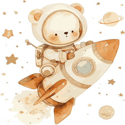 cream, tan, beige, brown, soft brown, light orange, warm neutral, cute bear, astronaut, space theme, celestial, stars, planets, moon, rocket ship, whimsical, playful, children's, nursery, baby, adorable, kawaii, vintage space, retro, gender neutral, dreamy, cosmic adventure, sweet illustration, storybook