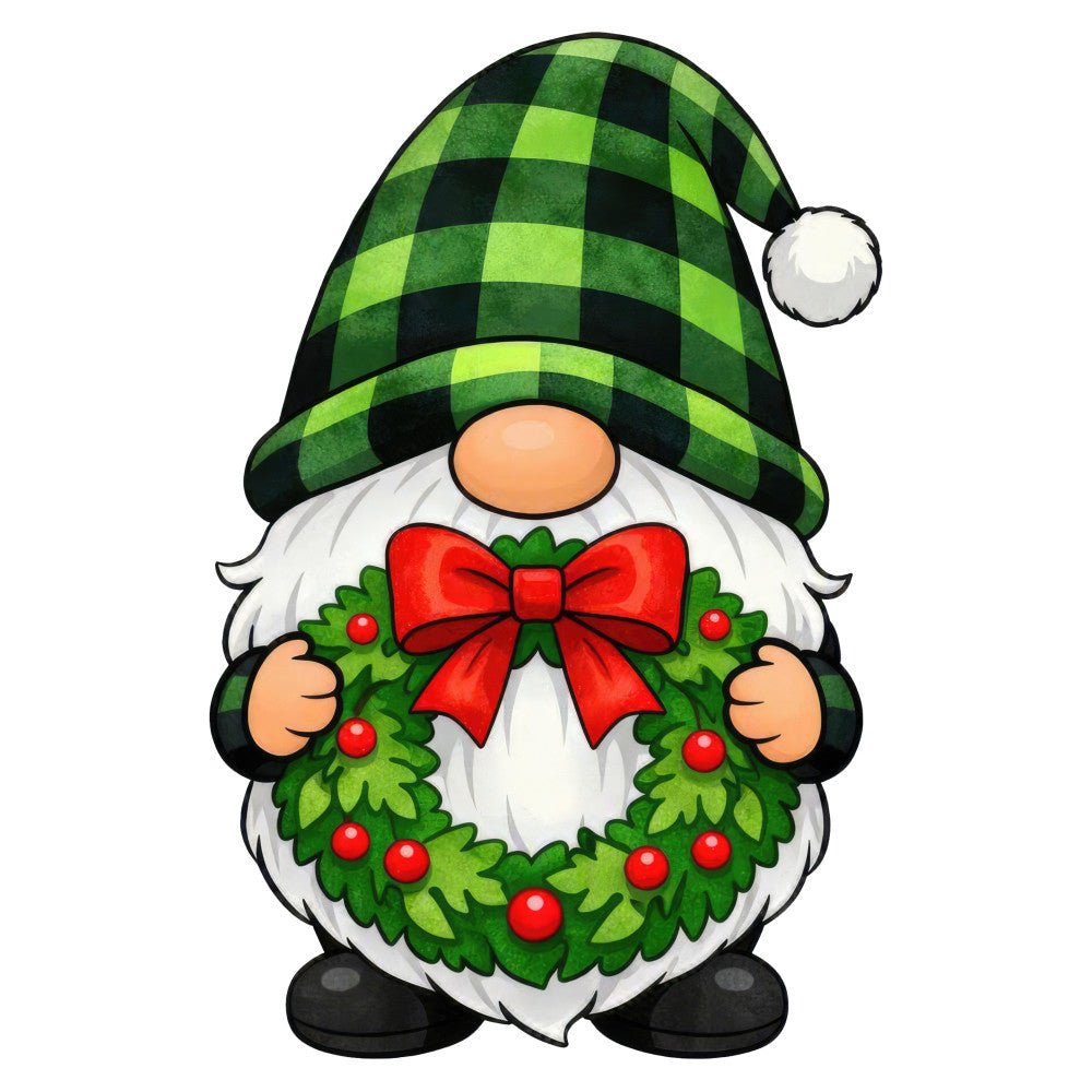 christmas gnome, holiday gnome, green plaid, black and green buffalo check, white beard, red bow, wreath, red berries, festive, whimsical, christmas decoration, holiday theme, seasonal, winter, christmas, scandinavian gnome, tomte, lime green, forest green, plaid hat, pom pom, cheerful, jolly, cute gnome, holiday spirit, christmas wreath design, traditional christmas