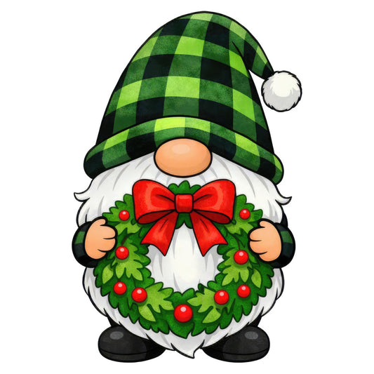 christmas gnome, holiday gnome, green plaid, black and green buffalo check, white beard, red bow, wreath, red berries, festive, whimsical, christmas decoration, holiday theme, seasonal, winter, christmas, scandinavian gnome, tomte, lime green, forest green, plaid hat, pom pom, cheerful, jolly, cute gnome, holiday spirit, christmas wreath design, traditional christmas