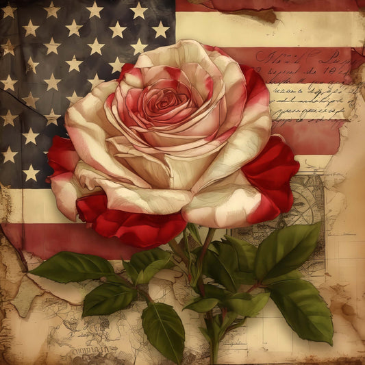 american flag, patriotic, cream, ivory, dusty rose, coral red, deep red, burgundy, forest green, vintage, heritage, roses, red roses, floral, botanical, antique, distressed, aged, patriotic rose, americana, traditional, elegant, romantic, nostalgic, historical, documentary, map, handwritten text, wall art, home decor