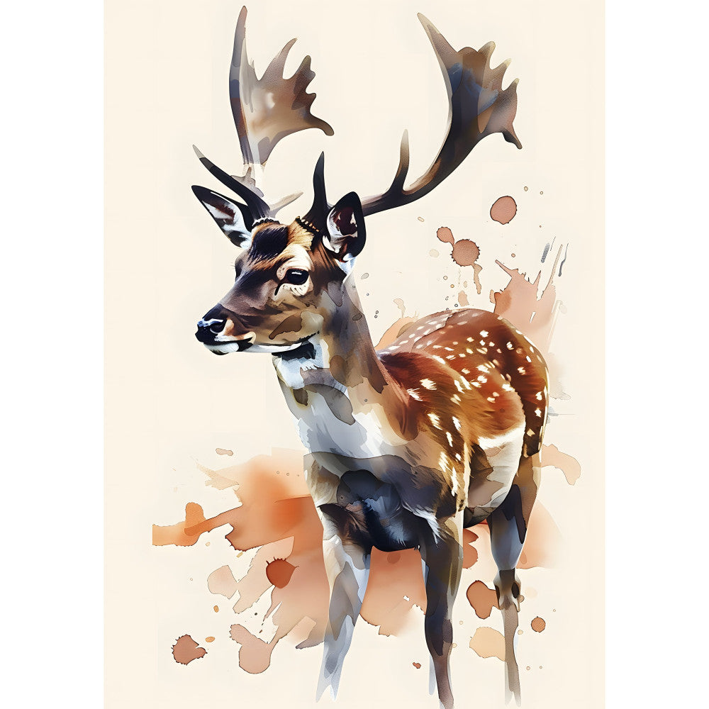 deer, watercolor, woodland, nature, animals, brown, tan, cream, white, rust, autumn, fall, wildlife, stag, buck, antlers, splatter, abstract, modern, rustic, elegant, painting, artistic, earthy tones, forest, natural, male deer, spotted deer, whimsical, contemporary art