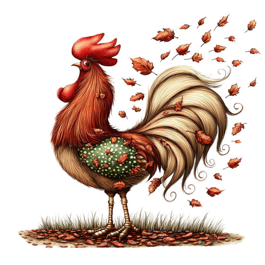 rooster, autumn, fall, leaves, maple leaves, brown, tan, beige, cream, rust red, burnt orange, sage green, polka dots, whimsical, farmhouse, rustic, nature, harvest, seasonal, woodland, birds, feathers, wind-swept, flowing tail, country, folk art, decorative, home decor, wall hanging, nature-inspired