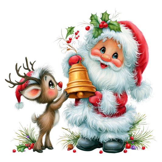 santa, reindeer, christmas, holiday, red, white, cream, forest green, gold, festive, whimsical, vintage, retro, cute animals, bell, holly, berries, nostalgic, traditional, cheerful, jolly, winter, decorative, character panel, children's, seasonal