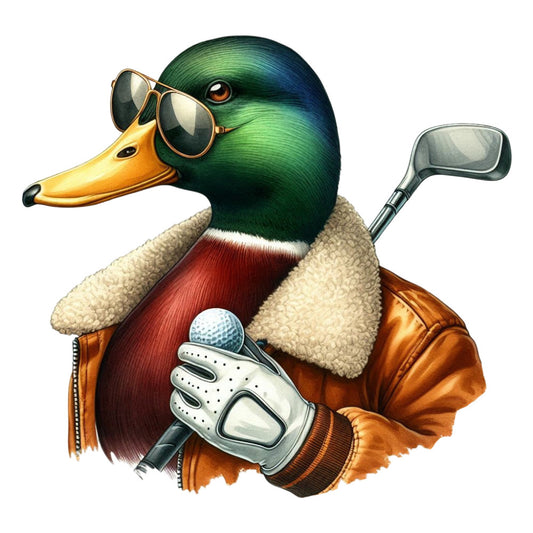 golf, duck, mallard, iridescent green, golden yellow, rust orange, cream, aviator sunglasses, golf club, golf ball, whimsical, vintage, anthropomorphic, animals, funny, humorous, novelty, masculine, preppy, sporty, leisure, retro style, quirky, character print, nature, feathered friends, dapper, ducks in clothing, steampunk, coastal