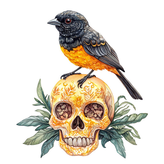 black and orange bird, skull, gold, ornate, day of the dead, dia de muertos, gothic, whimsical, dark, botanical, leaves, floral, orange breast, red eye, bird motif, skeleton, decorative, dark art, mexican inspired, autumn colors, black, cream, green foliage, nature, animals, edgy, unique, artistic, alternative style, halloween