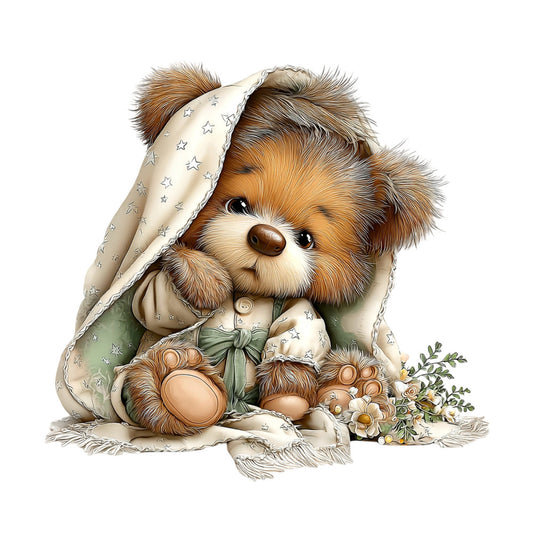 cute teddy bear, brown and cream, soft pastels, sage green, whimsical, children's, animal motif, star pattern, nursery, baby quilt, bedtime theme, sleeping bear, nighttime, sweet dreams, storybook style, vintage illustration, gentle, soothing, cozy, daydream, woodland, nature-inspired, decorative bow, floral accent, calming colors, soft illustration, gender-neutral, baby shower, wall hanging, decorative panel