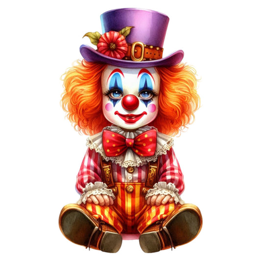 clown, circus, whimsical, vintage, retro, orange hair, red nose, top hat, purple hat, red bow tie, polka dots, striped pants, red and yellow, gold accents, cheerful, playful, novelty, children's, entertainment, theatrical, character, colorful, bright, fun, festive, folk art, decorative panel, costume inspired