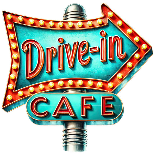 turquoise, red, yellow, gold, retro, vintage, 1950s, neon sign, diner, cafe, drive-in, nostalgic, americana, mid-century, arrow sign, marquee lights, bulb lights, chrome, metal post, whimsical, kitschy, roadside attraction, transportation theme, classic americana, retro diner decor, wall hanging, home decor, novelty print