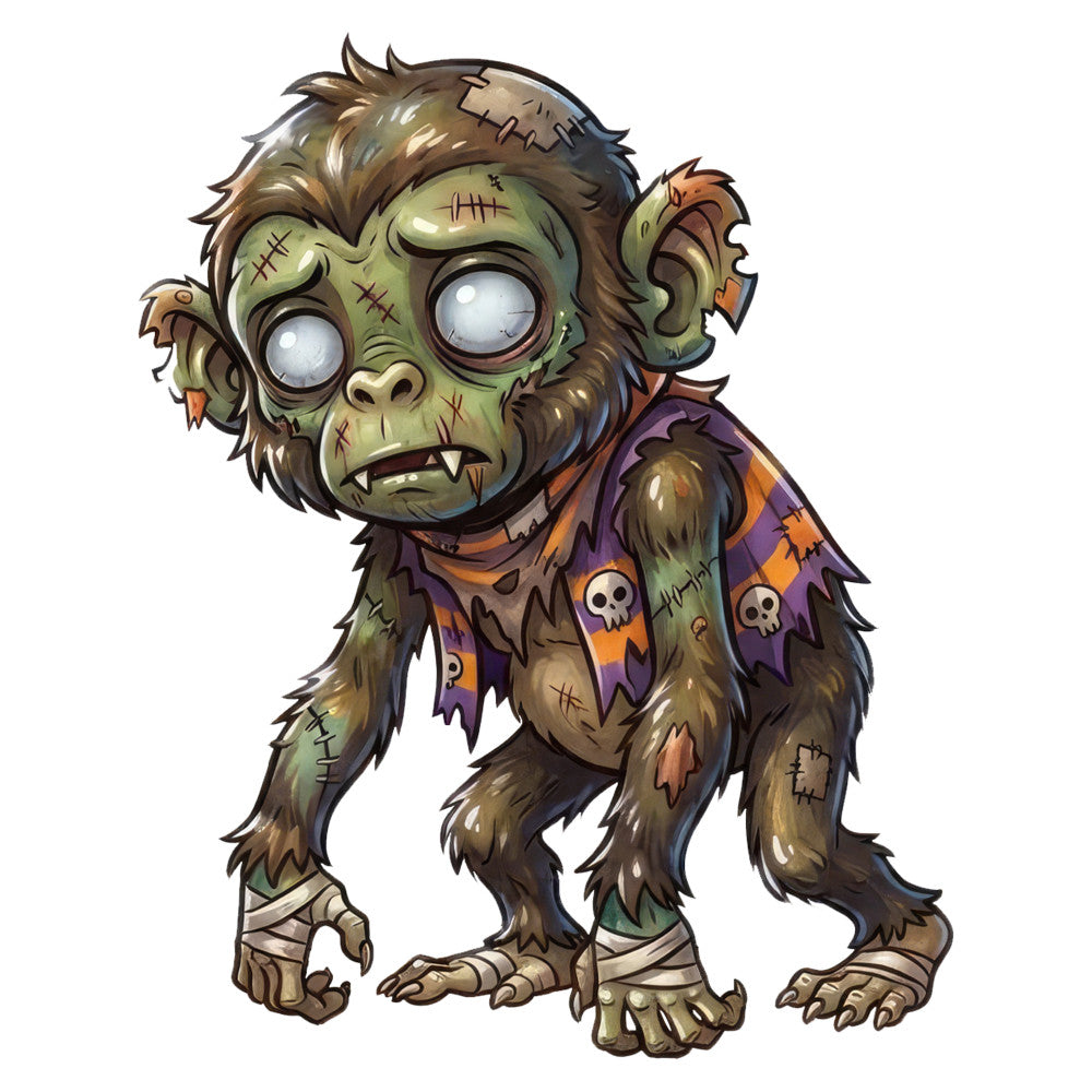 zombie monkey, undead, horror, green skin, brown fur, stitched face, halloween, spooky, creepy, monster, costume, gothic, dark humor, whimsical monster, sage green, olive green, purple, orange, skull motifs, tattered clothing, fabric patches, autumn, halloween decoration, wall hanging, character design, playful spooky, children's halloween
