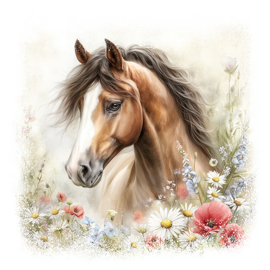 brown horse, chestnut mare, flowing mane, wildflowers, red poppies, white daisies, purple flowers, blue blossoms, watercolor style, soft pastels, meadow scene, equestrian theme, fabric panel, quilting cotton, floral border, dreamy artwork, nature motif, spring flowers, horse portrait, botanical elements