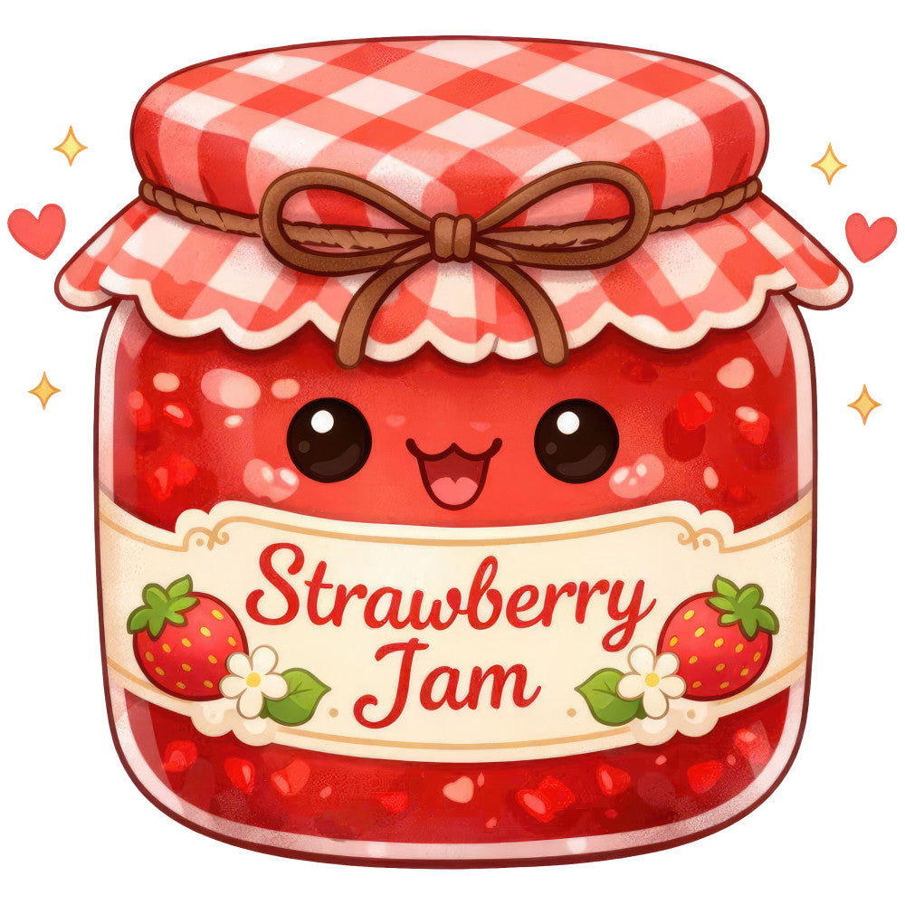 strawberry jam, red, cream, coral pink, checkered, gingham, food, whimsical, cute, kawaii, hearts, stars, sparkles, vintage, retro, farmhouse, rustic, jam jar, preserves, kitchen, cottage core, summer, spring, cheerful, sweet, nature, berries, botanical, folk art, traditional