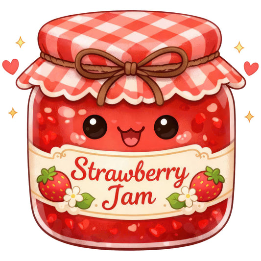 strawberry jam, red, cream, coral pink, checkered, gingham, food, whimsical, cute, kawaii, hearts, stars, sparkles, vintage, retro, farmhouse, rustic, jam jar, preserves, kitchen, cottage core, summer, spring, cheerful, sweet, nature, berries, botanical, folk art, traditional