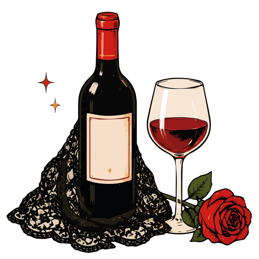 wine, red wine, burgundy, deep red, black, cream, gold, romantic, elegant, sophisticated, wine bottle, wine glass, rose, red rose, lace, vintage, adult, wine themed, wine lover, date night, anniversary, wine and roses, floral, formal, celebration, special occasion, gourmet