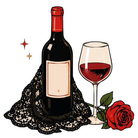 wine, red wine, burgundy, deep red, black, cream, gold, romantic, elegant, sophisticated, wine bottle, wine glass, rose, red rose, lace, vintage, adult, wine themed, wine lover, date night, anniversary, wine and roses, floral, formal, celebration, special occasion, gourmet