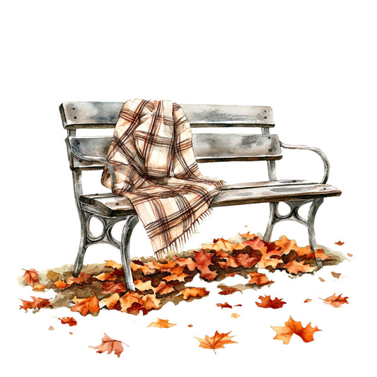 autumn leaves, fall foliage, plaid blanket, cream, rust, burnt orange, brown, tan, cozy, rustic, vintage bench, park scene, autumn plaid, tartan, nature scene, seasonal, fall harvest, nostalgic, cottage core, watercolor, illustration, woodland, outdoor furniture, fall colors, orange leaves, maple leaves, crisp autumn, hygge, autumn aesthetic, landscape