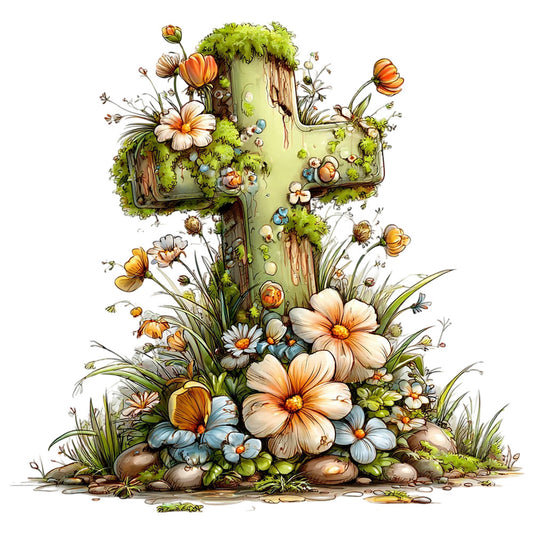 moss green, sage green, orange flowers, peach blooms, blue flowers, white flowers, butterflies, wooden cross, nature cross, floral arrangement, grass, stones, moss covered, weathered wood, botanical design, spring flowers, garden scene, fabric panel, quilting cotton, whimsical illustration