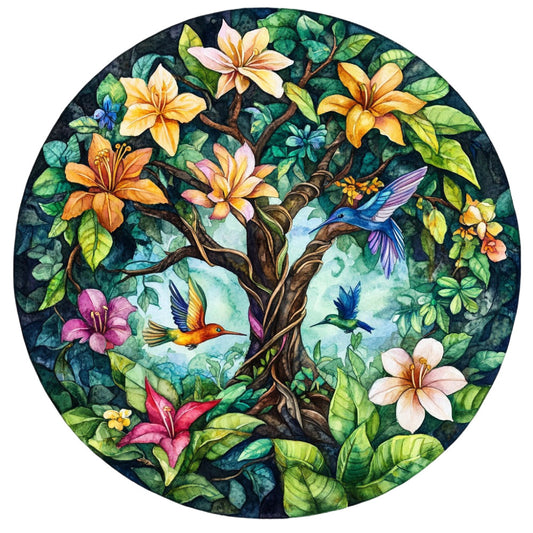 hummingbird, floral, nature, botanical, tree, birds, forest green, golden yellow, coral pink, navy blue, magenta, cream, leaves, flowers, whimsical, elegant, tropical, spring, summer, circular design, mandala, detailed illustration, garden theme, wildlife, colorful, vibrant, romantic, fantasy, enchanted garden, wall hanging