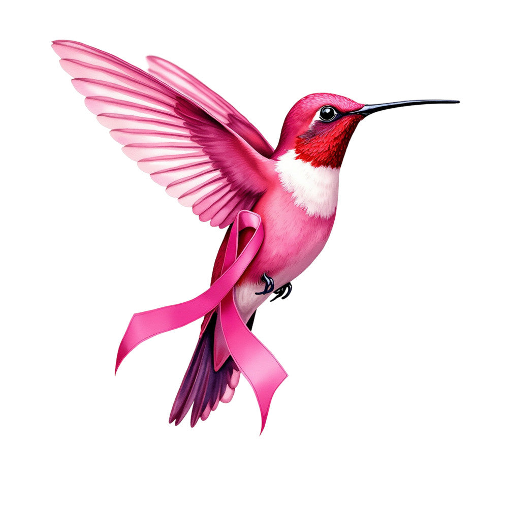 pink hummingbird, breast cancer awareness, pink ribbon, flying bird, magenta wings, red throat, white chest, black beak, fabric panel, quilting cotton, medical awareness, charity theme, hope symbol, pink tones, bird in flight, spread wings, awareness ribbon, cotton fabric, panel design, inspirational motif