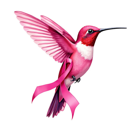 pink hummingbird, breast cancer awareness, pink ribbon, flying bird, magenta wings, red throat, white chest, black beak, fabric panel, quilting cotton, medical awareness, charity theme, hope symbol, pink tones, bird in flight, spread wings, awareness ribbon, cotton fabric, panel design, inspirational motif