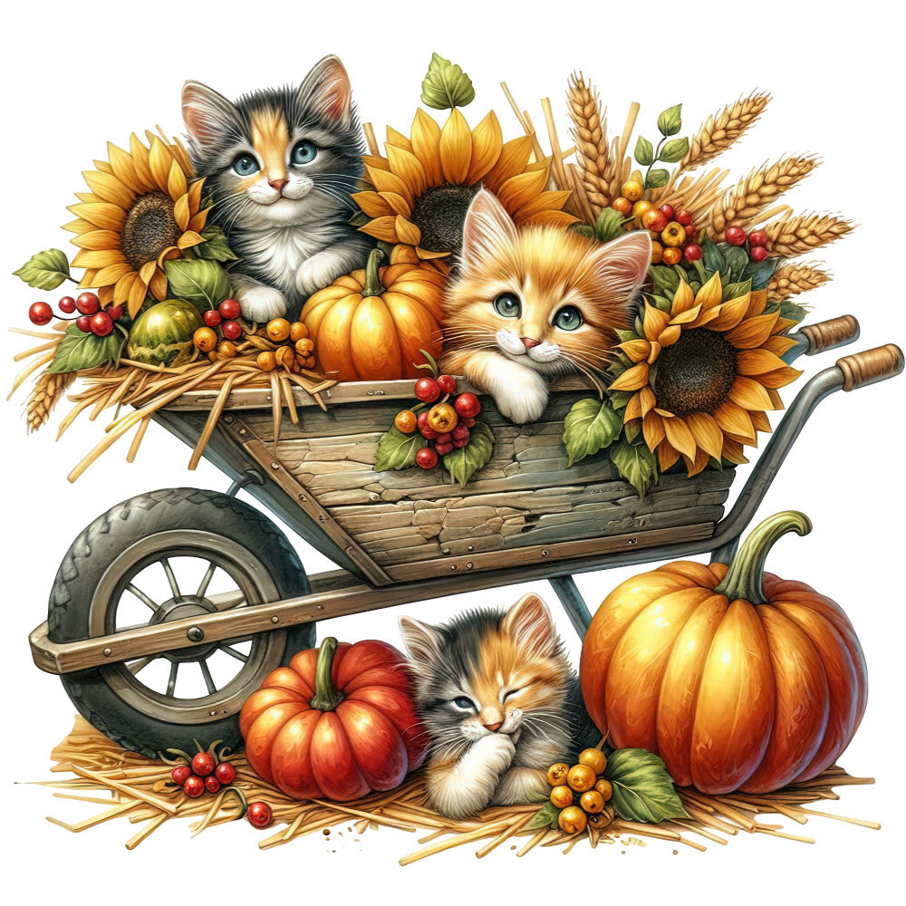 autumn, fall, harvest, thanksgiving, kittens, cats, cute animals, sunflowers, pumpkins, wheat, berries, red berries, golden yellow, burnt orange, warm orange, cream, tan, rustic, farmhouse, whimsical, charming, pastoral, seasonal, nature, botanical, country style, traditional, cozy, harvest theme, woodland animals