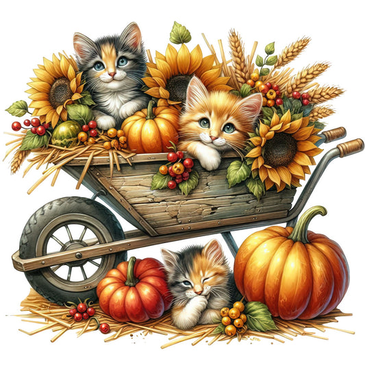 autumn, fall, harvest, thanksgiving, kittens, cats, cute animals, sunflowers, pumpkins, wheat, berries, red berries, golden yellow, burnt orange, warm orange, cream, tan, rustic, farmhouse, whimsical, charming, pastoral, seasonal, nature, botanical, country style, traditional, cozy, harvest theme, woodland animals