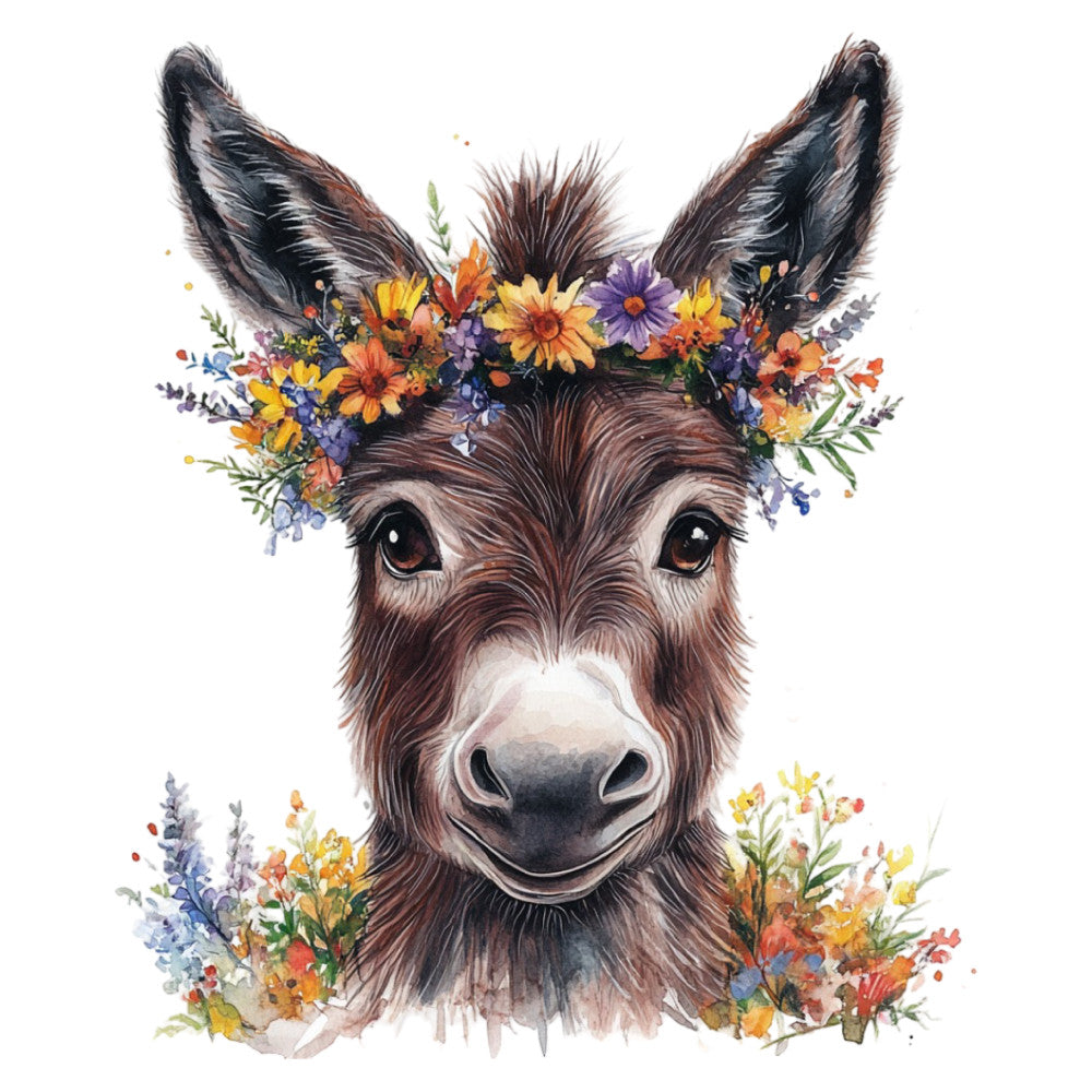 donkey, floral, whimsical, animal portrait, wildflowers, bohemian, rustic, spring, summer, autumn, yellow flowers, purple flowers, orange flowers, lavender, daisies, woodland, farmhouse, nature, watercolor, gentle, sweet, cheerful, botanical, multi-colored, earth tones, brown, golden yellow, lavender purple, coral, wall hanging