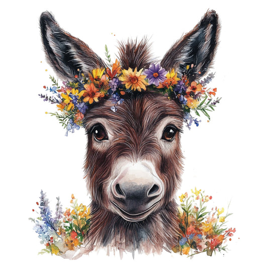 donkey, floral, whimsical, animal portrait, wildflowers, bohemian, rustic, spring, summer, autumn, yellow flowers, purple flowers, orange flowers, lavender, daisies, woodland, farmhouse, nature, watercolor, gentle, sweet, cheerful, botanical, multi-colored, earth tones, brown, golden yellow, lavender purple, coral, wall hanging
