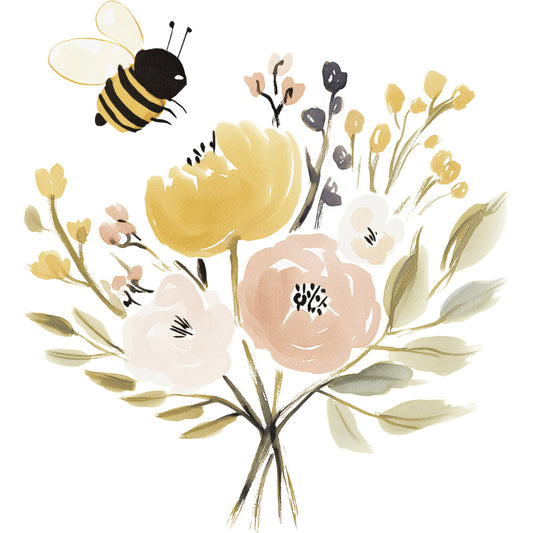 bee, floral, yellow flowers, cream flowers, dusty rose, sage green, watercolor, nature, spring, summer, whimsical, botanical, insects, wildflowers, soft colors, pastel, modern, feminine, delicate, garden theme, honey bee, flower bouquet, leaves, buds, gentle, light and airy, cottage core, natural elements, baby quilt, wall hanging