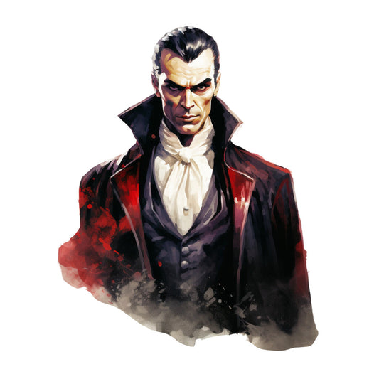 vampire, gothic, dark red, deep crimson, black, cream white, pale skin, dramatic, elegant, vintage, supernatural, horror, classic literature, character portrait, mysterious, moody, formal wear, coat with tails, historical, dramatic lighting, intense expression, cape, formal attire, dark romance, spooky, theatrical, portrait panel, wall hanging, character fabric
