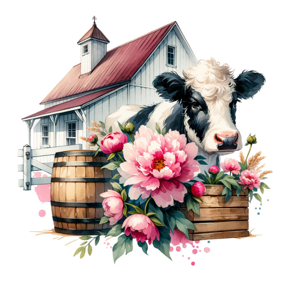 holstein cow, farmhouse, barn, peonies, pink flowers, floral arrangement, watercolor style, rustic, pastoral, wooden barrel, wooden crate, fabric panel, quilting cotton, farm animals, country cottage, soft pastels, botanical elements, rural scene, vintage charm