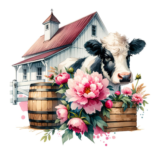 holstein cow, farmhouse, barn, peonies, pink flowers, floral arrangement, watercolor style, rustic, pastoral, wooden barrel, wooden crate, fabric panel, quilting cotton, farm animals, country cottage, soft pastels, botanical elements, rural scene, vintage charm