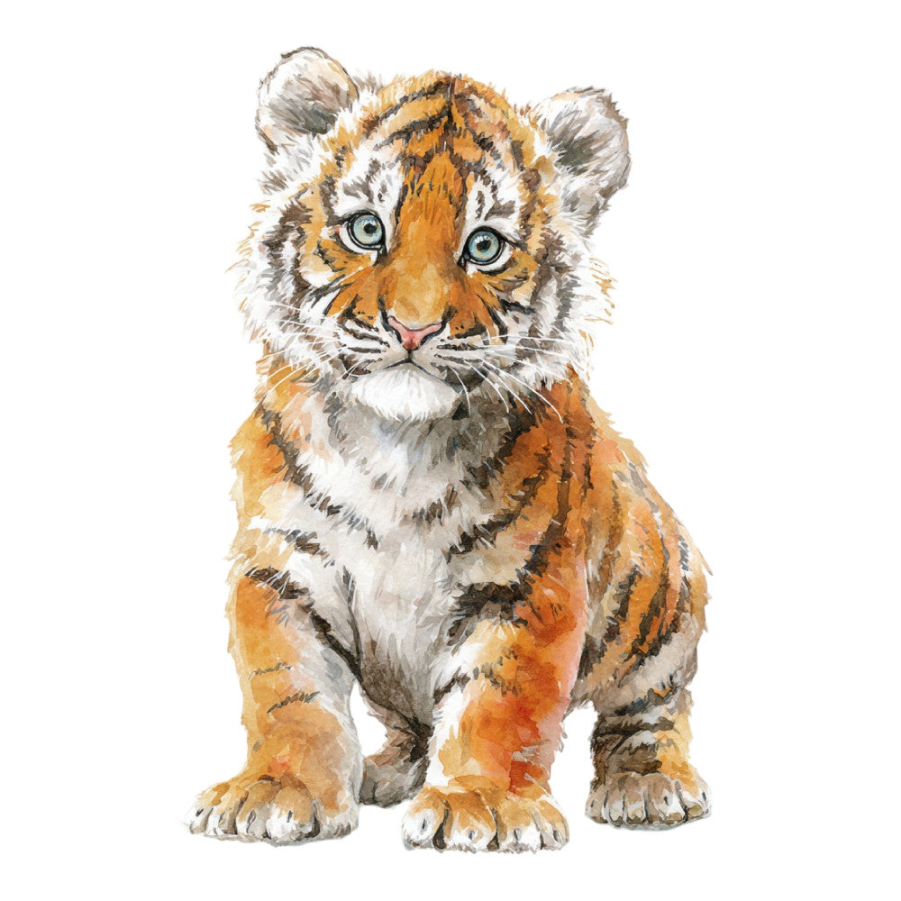 tiger cub, baby animals, wildlife, orange, cream white, tan, gray, striped, animal print, safari, jungle, cute animals, whimsical, watercolor, painted, nursery, baby quilt, children's, playful, nature, big cats, felines, realistic, illustration style, adorable, young animals, portrait, sitting pose