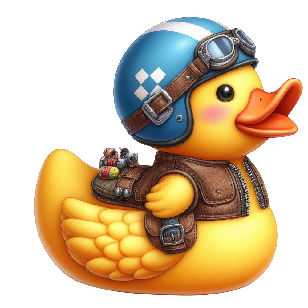 steampunk duck, yellow duck, blue helmet, aviator goggles, brown leather jacket, whimsical animals, vintage steampunk, mechanical gears, adventure theme, retro style, industrial style, kids fabric, novelty print, bright yellow, steel blue, copper bronze, playful characters, unique design, imaginative, quirky, fun animals, themed panel, decorative, vibrant colors, steampunk fashion, flying theme, adventurer duck, decorative animals