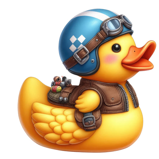 steampunk duck, yellow duck, blue helmet, aviator goggles, brown leather jacket, whimsical animals, vintage steampunk, mechanical gears, adventure theme, retro style, industrial style, kids fabric, novelty print, bright yellow, steel blue, copper bronze, playful characters, unique design, imaginative, quirky, fun animals, themed panel, decorative, vibrant colors, steampunk fashion, flying theme, adventurer duck, decorative animals