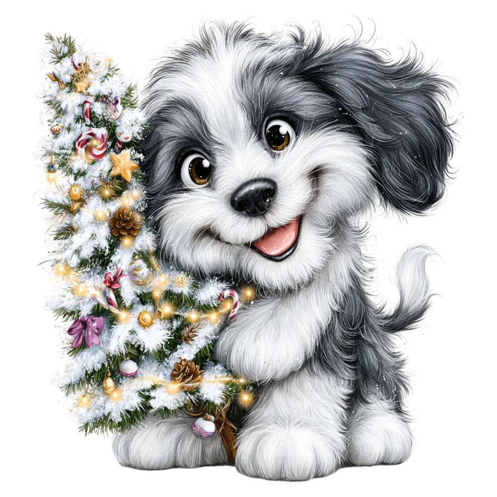 adorable puppy, black and white dog, christmas, cute animal, festive holiday, fluffy dog, gold ornaments, holiday decoration, holiday theme, kawaii style, kitten face panel, metallic gold, snow-covered, snowy white, whimsical, winter, winter holiday, christmas tree, playful expression, sweet animal face, cheerful, joyful, puppy portrait, decorative ornaments, pinecones, candy canes, colorful baubles, festive cheer, seasonal decor
