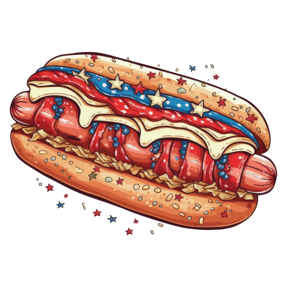 patriotic hot dog, red white and blue, stars and stripes, food illustration, whimsical, novelty print, summer, fourth of july, american flag, hot dog design, picnic, festive, fun, playful, casual style, bold colors, cream, red, navy blue, gold stars, sesame seeds, mustard, relish, kitchen decor, humorous, quirky, retro americana, pop art style
