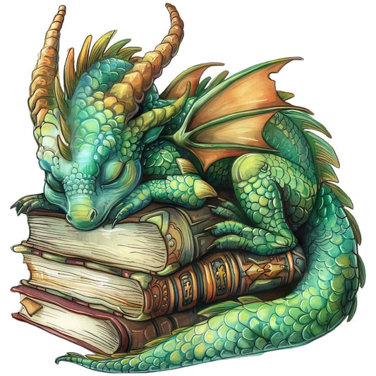Dragon Sleeping on Books Fabric Panel 13 featuring a detailed green dragon resting atop vintage books printed on premium quilting cotton.