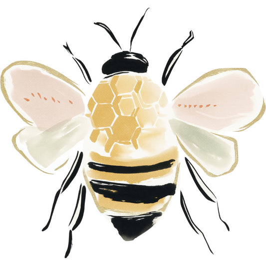 bee, honeycomb, honey yellow, gold, cream, ivory, pale pink, blush pink, black, nature, insects, botanical, whimsical, modern, spring, summer, garden, pollinator, hexagon, geometric, watercolor, illustration, quirky, playful, children's, nursery, animal, wings, striped abdomen, delicate