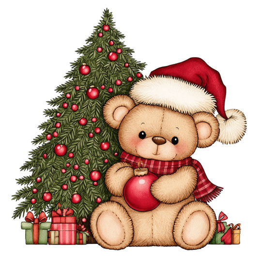 teddy bear, christmas, holiday, santa hat, festive, red ornaments, evergreen tree, plaid scarf, cute animals, children's, baby, whimsical, traditional, gift boxes, presents, red and green, cream, tan, forest green, candy red, vintage, seasonal, winter, cheerful, sweet, gentle, nursery, storybook, decorative, charming