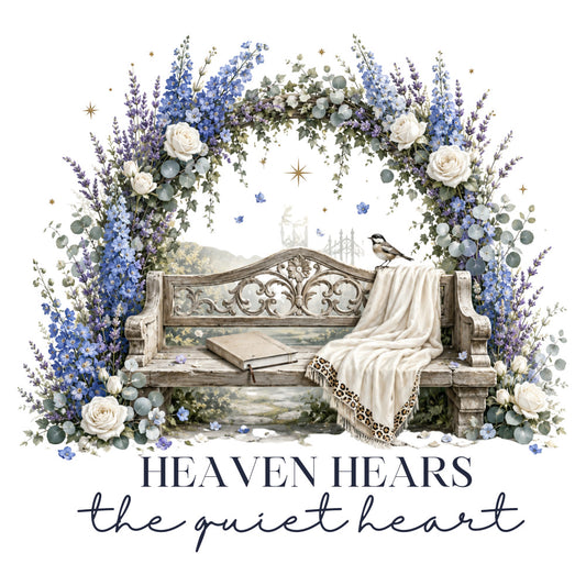 lavender, cream, ivory, soft blue, dusty blue, sage green, gold accents, floral, roses, delphiniums, botanical, nature, birds, celestial, stars, ornate bench, garden, elegant, romantic, vintage, whimsical, spiritual, inspirational, quote, peaceful, serene, spring, summer, wall hanging, decorative panel