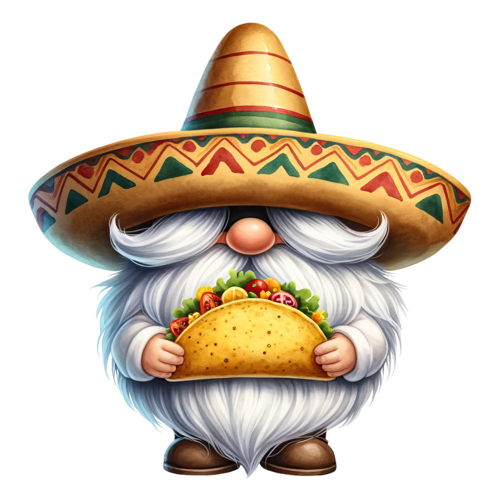 mexican gnome, sombrero, taco, white beard, mustache, gold, red, green, geometric patterns, zigzag design, whimsical character, cartoon style, festive, colorful, fabric panel, quilting cotton, novelty print, folksy, cheerful, playful design