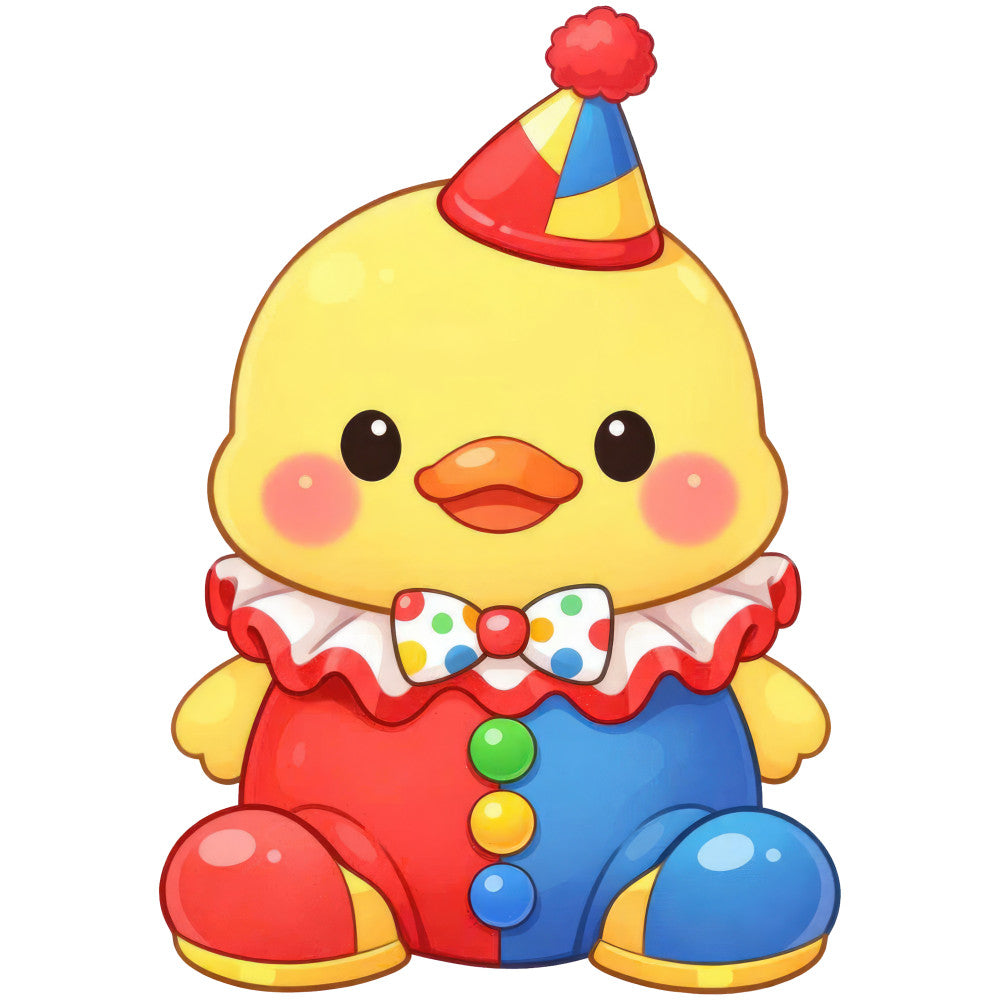 cute chick, party hat, clown, whimsical, bright yellow, red, blue, colorful, polka dots, bow tie, celebration, festive, playful, children's, baby, cheerful, fun, circus theme, character panel, primary colors, smiling face, topstitching, pom pom, ruffled collar, oversized buttons, novelty print, kids fabric, birthday party, nursery decor