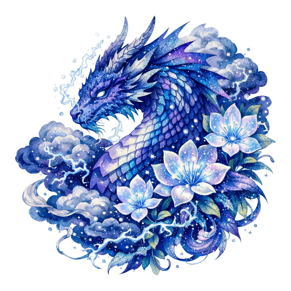 celestial, dragon, night sky, stars, clouds, fantasy, magical, whimsical, mystical, deep blue, navy blue, purple, lavender, iridescent, floral, flowers, nature, ethereal, dreamy, elegant, bohemian, cosmic, moon, celestial dragon, sparkling, shimmer, wall hanging, fantasy art, enchanted